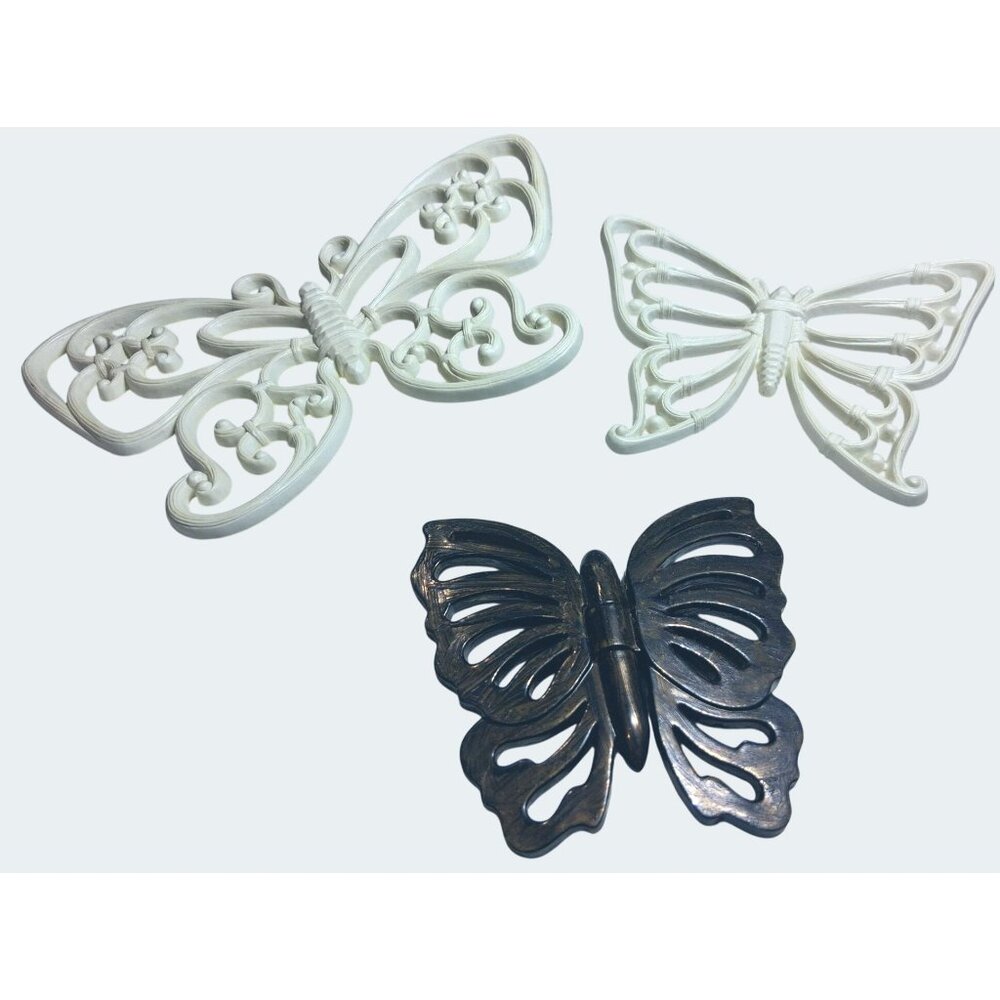 Lot Of 3 Homco Wall Butterflies Decorative White Bronze Metal Accents